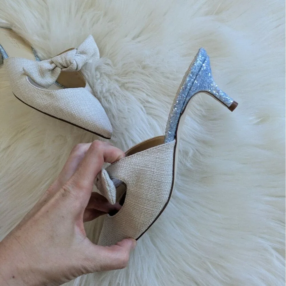 J.Crew Sophia Linen Glitter Pointed Kitten Heel Mules Off White Beige Silver 7.5